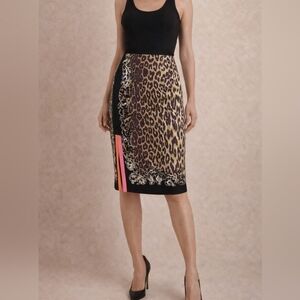 Elie Tahari Silk Leopard Print Skirt Neon Accent Tailored Pencil Skirt Size 4